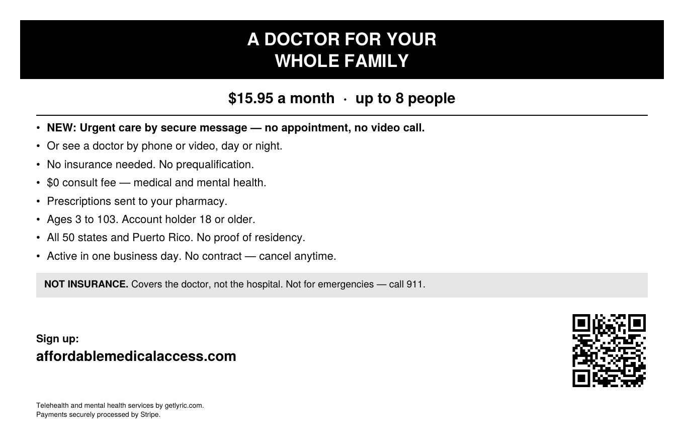 English flyer: A doctor for your whole family, $15.95 a month for up to 8 people, now with urgent care by secure message