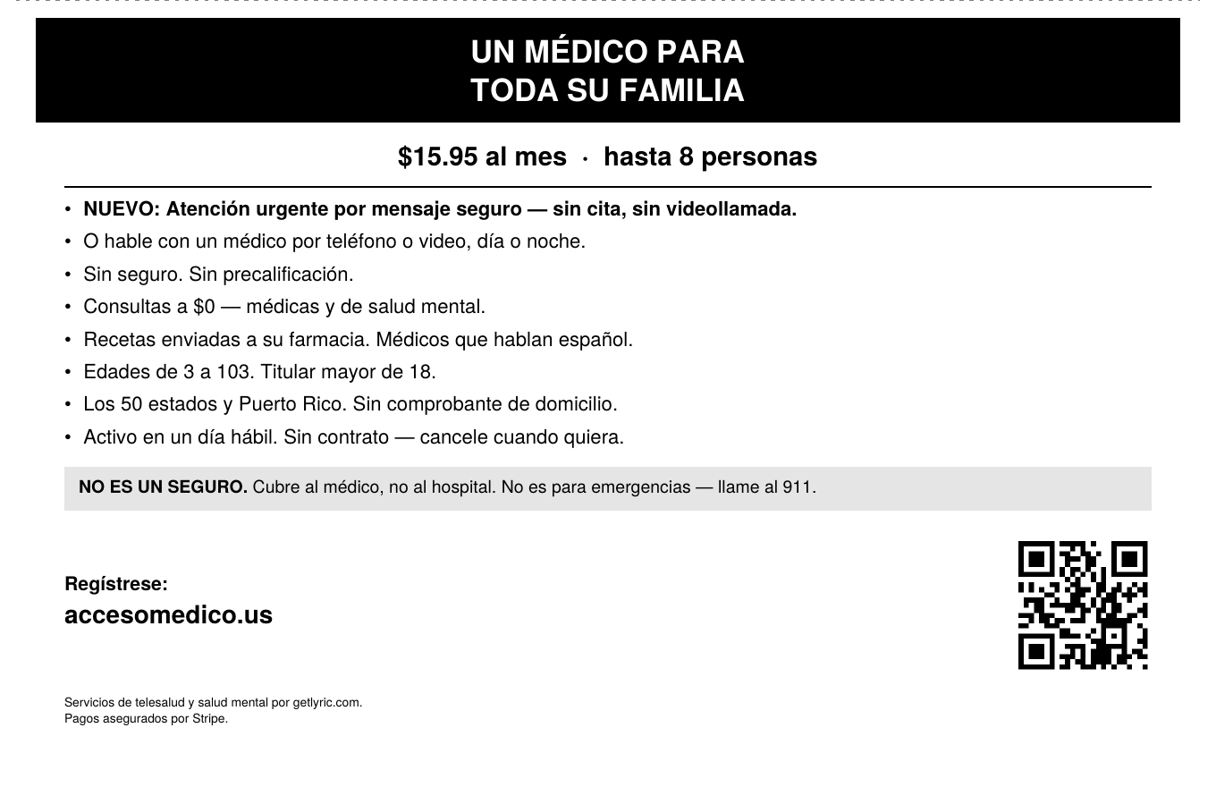 Volante en español: Un médico para toda su familia, $15.95 al mes hasta 8 personas, ahora con atención urgente por mensaje seguro